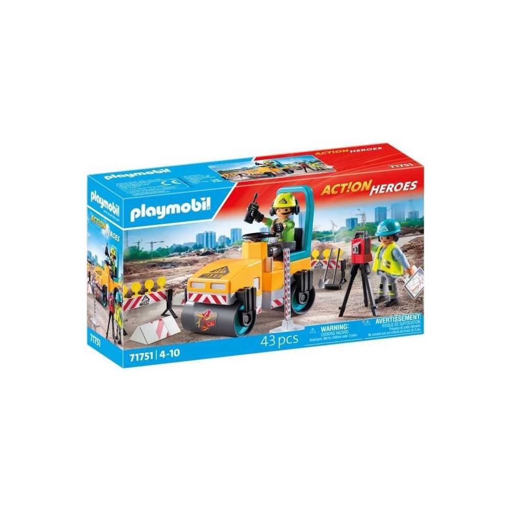 PLAYMOBIL 71751 Ouvriers avec rouleau compresseur et signalisation, Ac PLAYMOBIL 71751 Ouvriers avec rouleau compresseur et signalisation, Ac