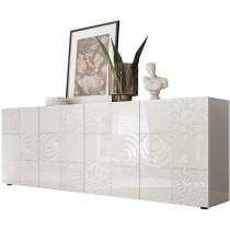 Buffet - MIRONA - 4 portes - Blanc laqué brillant avec serigraphie -