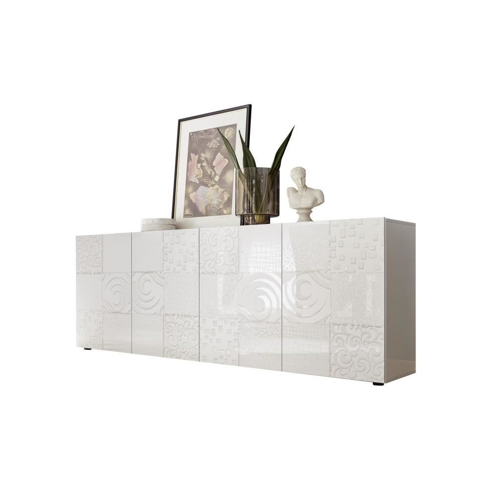 Buffet - MIRONA - 4 portes - Blanc laqué brillant avec serigraphie - Buffet - MIRONA - 4 portes - Blanc laqué brillant avec serigraphie -