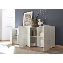 Buffet - MIRONA - 4 portes - Blanc laqué brillant avec serigraphie -