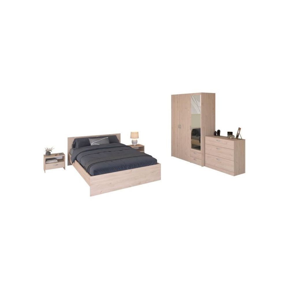 Chambre complete - VARIA - Chene - Lit 140, 2 chevets, 1 commode, 1 ar Chambre complete - VARIA - Chene - Lit 140, 2 chevets, 1 commode, 1 ar