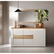 Buffet - IMOLA - Blanc laqué brillant / Chene Clair - 3 portes - 160