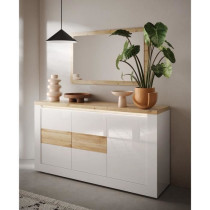 Buffet - IMOLA - Blanc laqué brillant / Chene Clair - 3 portes - 160