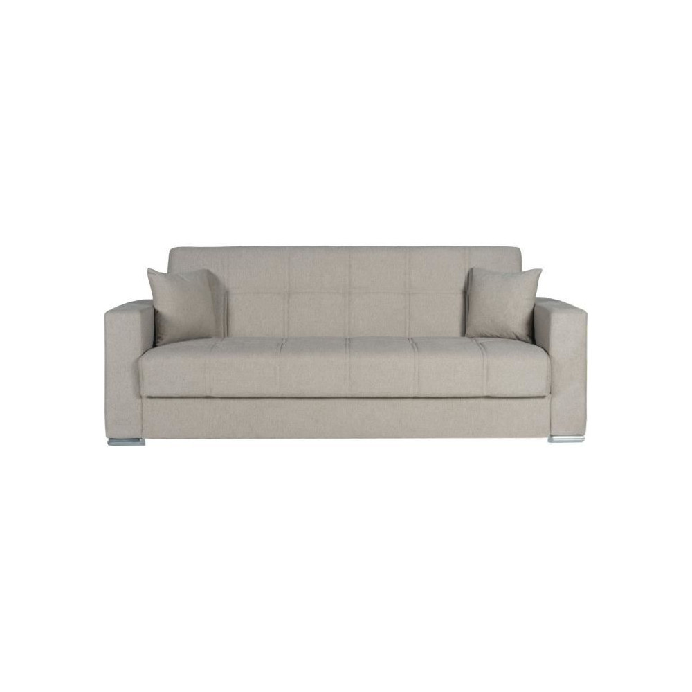 Canapé convertible 3 places - ALBA - Tissu beige - 2 coussins - Coffr