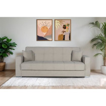Canapé convertible 3 places - ALBA - Tissu beige - 2 coussins - Coffr