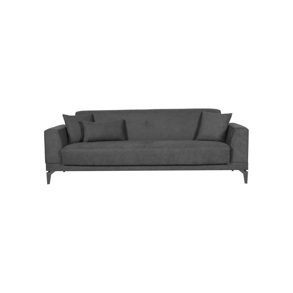 Canapé convertible 3 places - HENRY - Tissu gris clair - 3 coussins - Canapé convertible 3 places - HENRY - Tissu gris clair - 3 coussins -