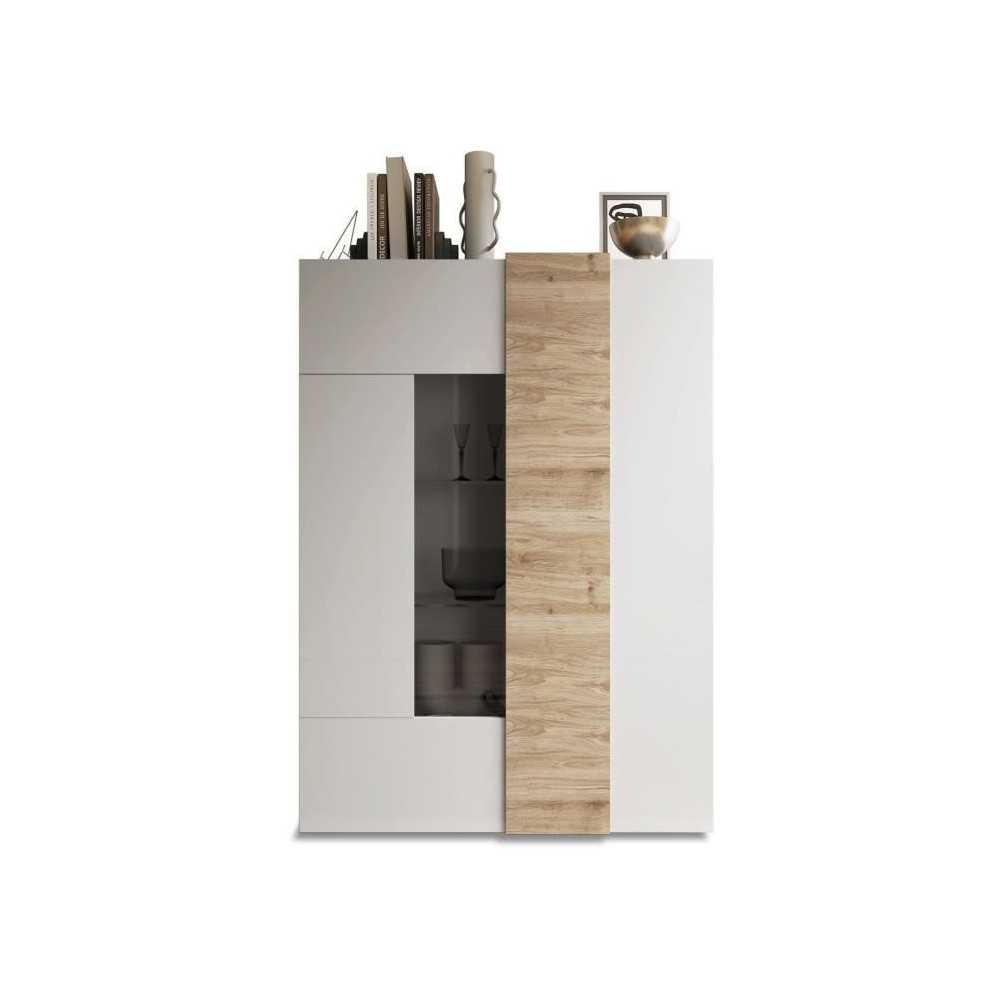 Vitrine - VENEZIA - 2 portes - Blanc laqué / Chene Cadiz - 121 x 44 x Vitrine - VENEZIA - 2 portes - Blanc laqué / Chene Cadiz - 121 x 44 x