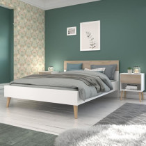 Lit adulte - AALBORG - 140 x 190 cm - Blanc / Chene - PARISOT