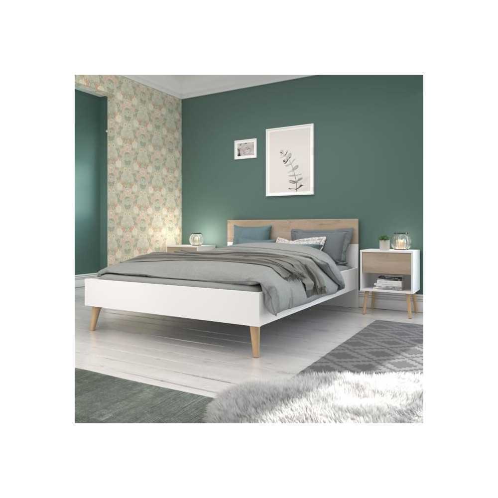 Lit adulte - AALBORG - 140 x 190 cm - Blanc / Chene - PARISOT Lit adulte - AALBORG - 140 x 190 cm - Blanc / Chene - PARISOT
