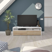 Meuble TV - KIOTO - Blanc Artik / Chene Canadien - 2 portes - 2 niches