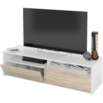 Meuble TV - KIOTO - Blanc Artik / Chene Canadien - 2 portes - 2 niches