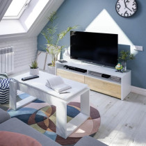 Meuble TV - KIOTO - Blanc Artik / Chene Canadien - 2 portes - 2 niches