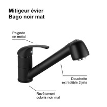 Mitigeur Évier - BAGO - Douchette Extractible 2 Jets - Noir Mat - Des