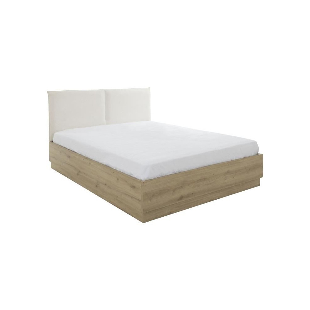 Lit coffre tete textile - TIDY - 160 x 200 cm - Chene / Ecru - Sommier