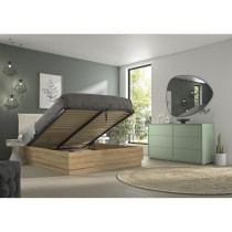 Lit coffre tete textile - TIDY - 160 x 200 cm - Chene / Ecru - Sommier